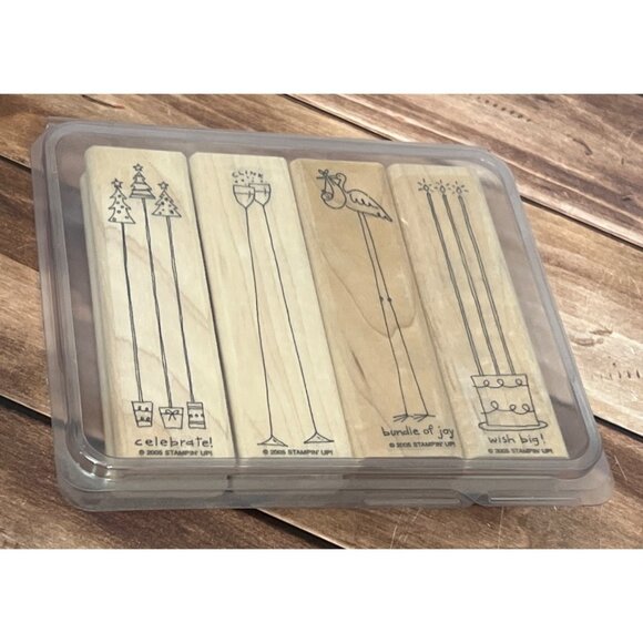 2005 STAMPIN' UP! ALONG THE SAME LINES Wood Mounted Rubber Stamp set of 4 STORK - Picture 1 of 2